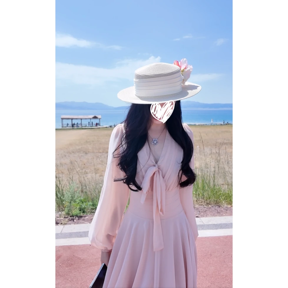 古早美人】飘带收腰显瘦温柔设计感大裙摆长袖连衣裙子新款时尚女