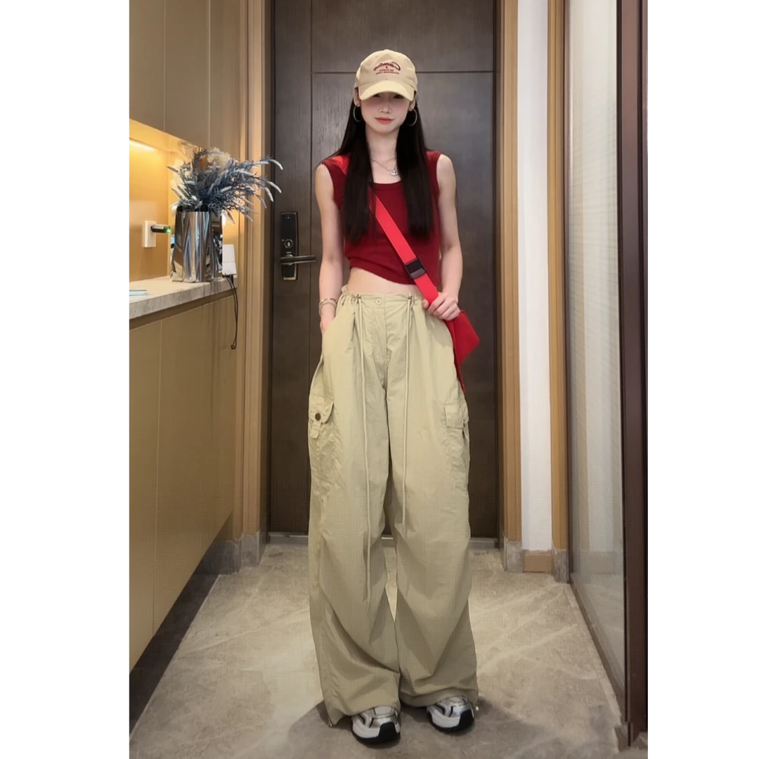 【夏春茶】新品美式复古美拉德明星同款速干工装休闲直筒束脚长裤女