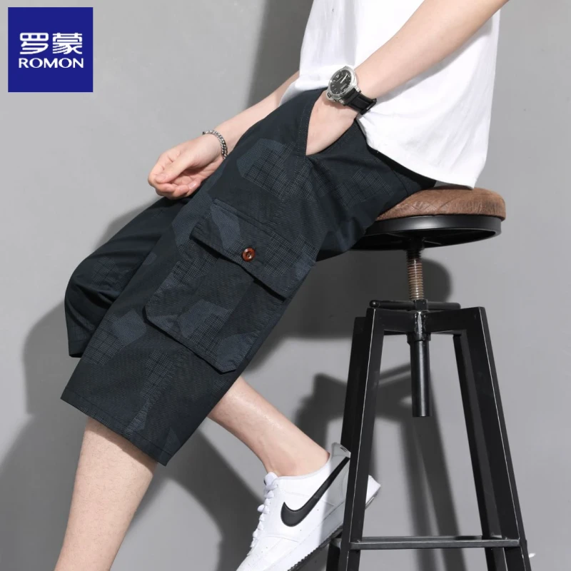 罗蒙户外纯棉休闲七分裤2025夏季薄款男士迷彩过膝短裤工装中裤子