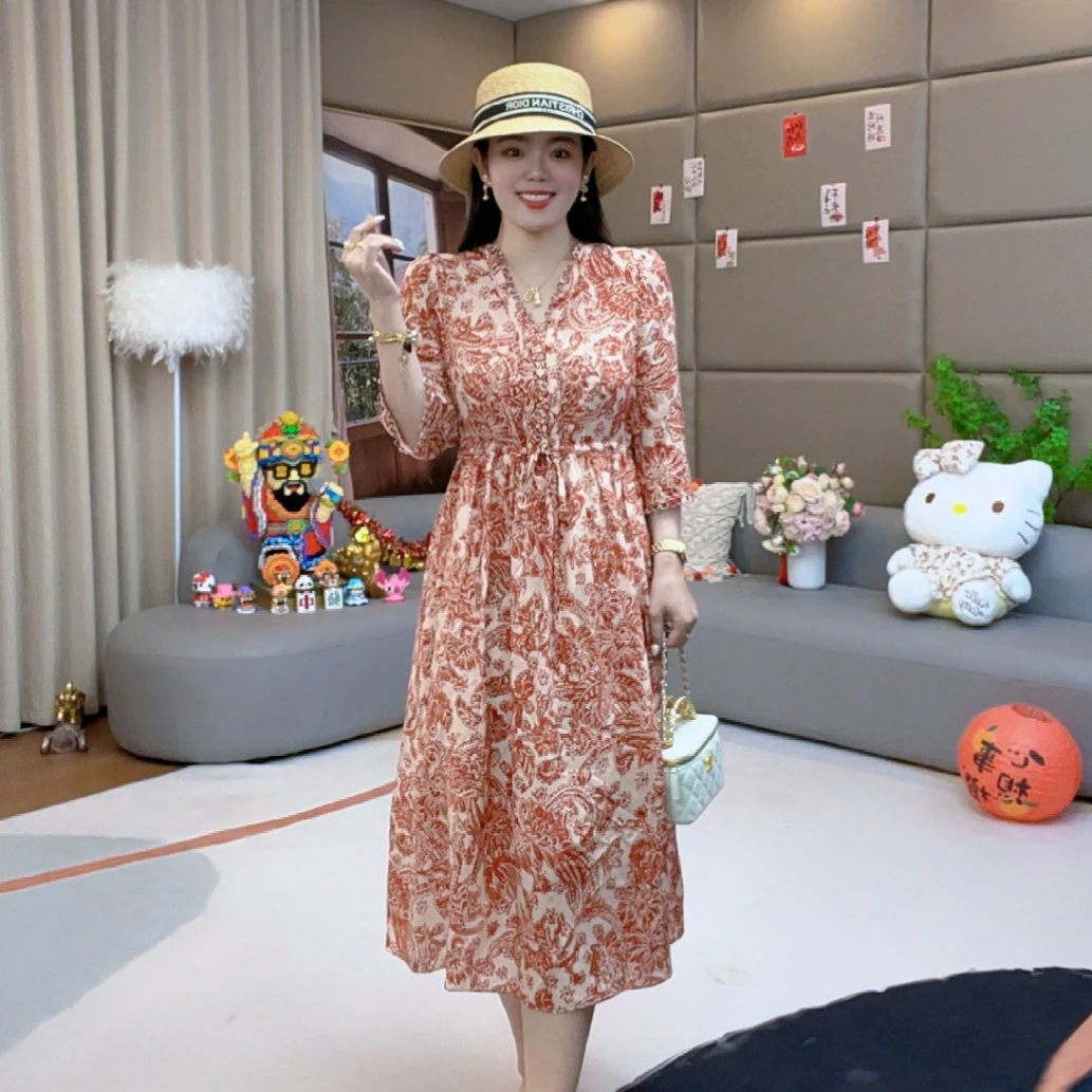 【火火精选】“朱砂”法式洋气温婉大方慵懒风桑蚕丝连衣裙 80137