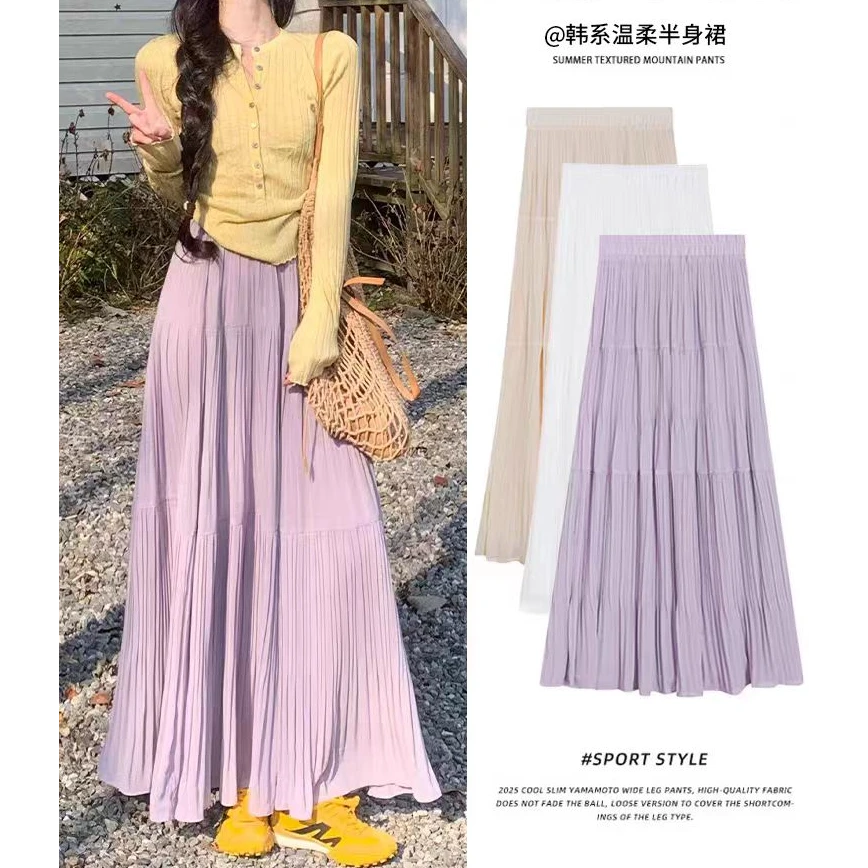韩系雪纺半身裙女2025新款高腰a字蛋糕裙飘飘大摆中长裙子夏
