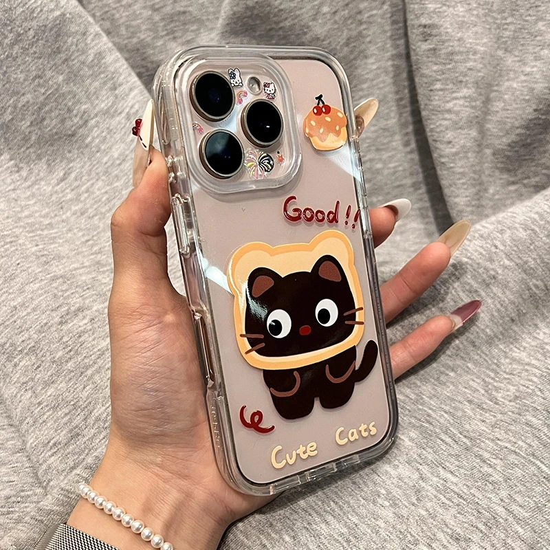 欧克里里吐司边黑猫高透适用苹果16手机壳华为P70vivo小米15oppo