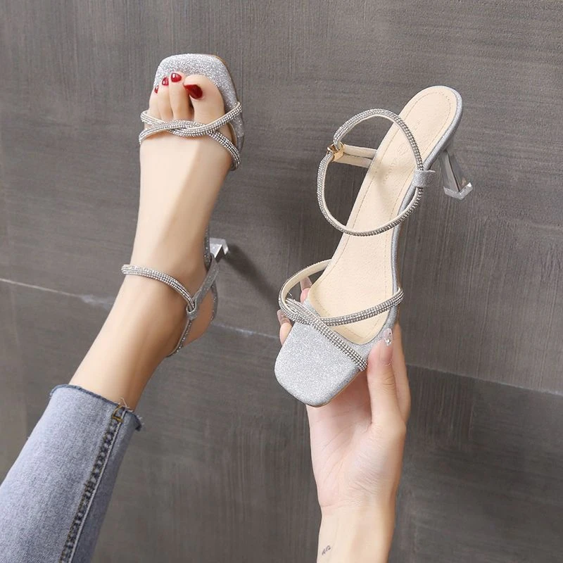 S高跟鞋女细跟水钻凉鞋仙女风配裙子25夏季法式小众罗马两穿凉鞋