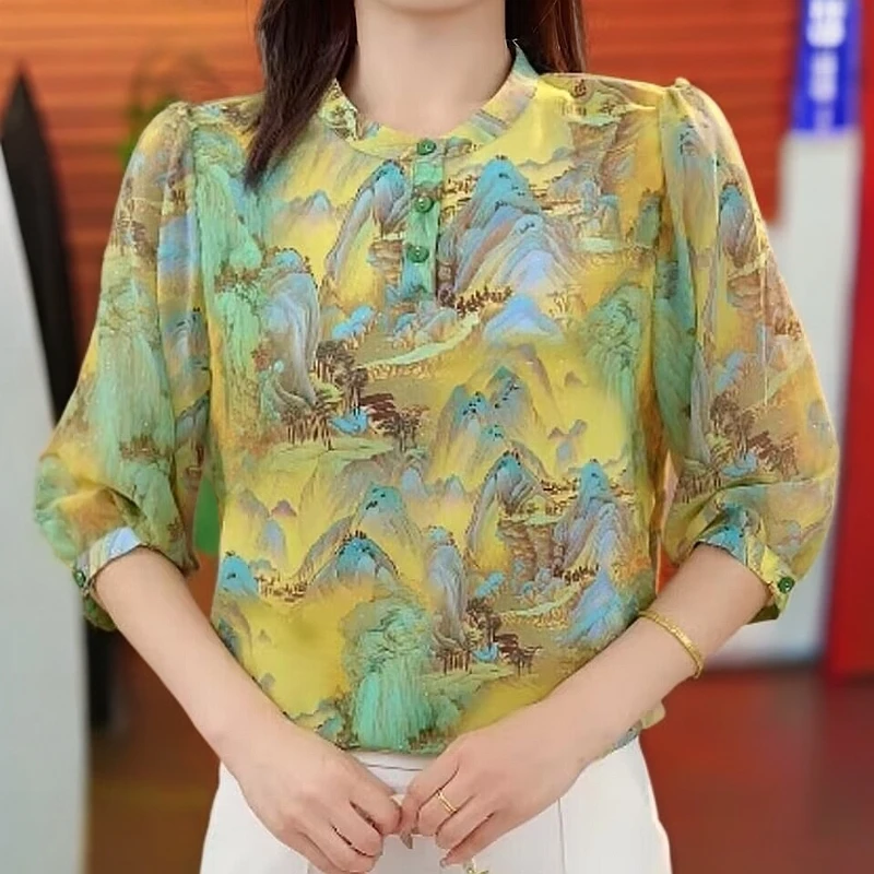 【洒银工艺】夏季七分袖薄款冰丝衬衫大码胖mm遮肚显瘦宽松防晒上衣