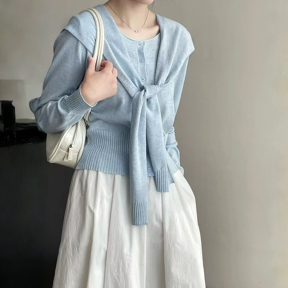 韩系爆款绿色长袖上衣女百搭春季新款针织披肩开衫两件套针织衫女