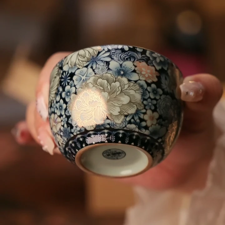 陶瓷复古青花掐金丝牡丹主人杯大容量茶杯A9724