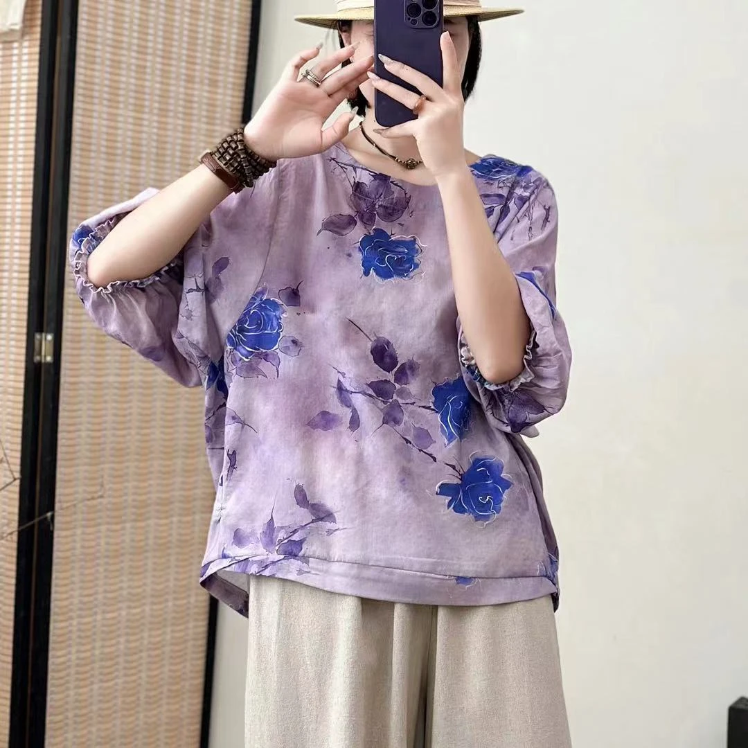 11120新款夏季优雅减龄宽松碎花复古T恤
