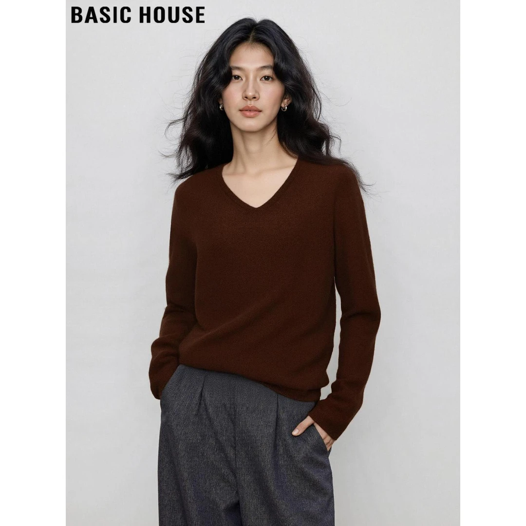 Basic House/百家好美拉德棕色V领羊毛针织衫女2025秋冬打底毛衣