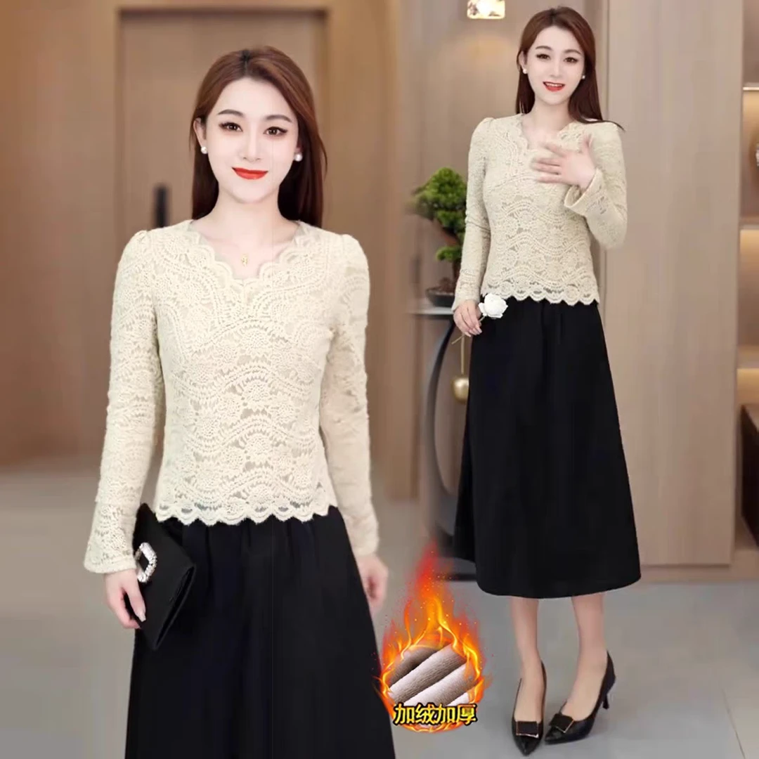 【有运费险】法式加绒修身型长袖蕾丝衫2025冬季显瘦洋气修身打底衫