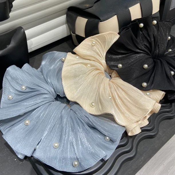 法式超大发圈高级感气质头花扎头发头圈时尚珍珠网纱大号发绳头饰