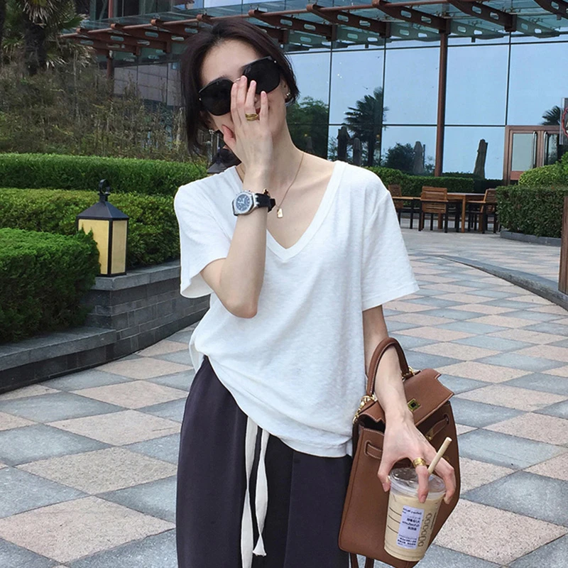 新款大领口短袖t恤女夏季薄款宽松半袖T恤上衣