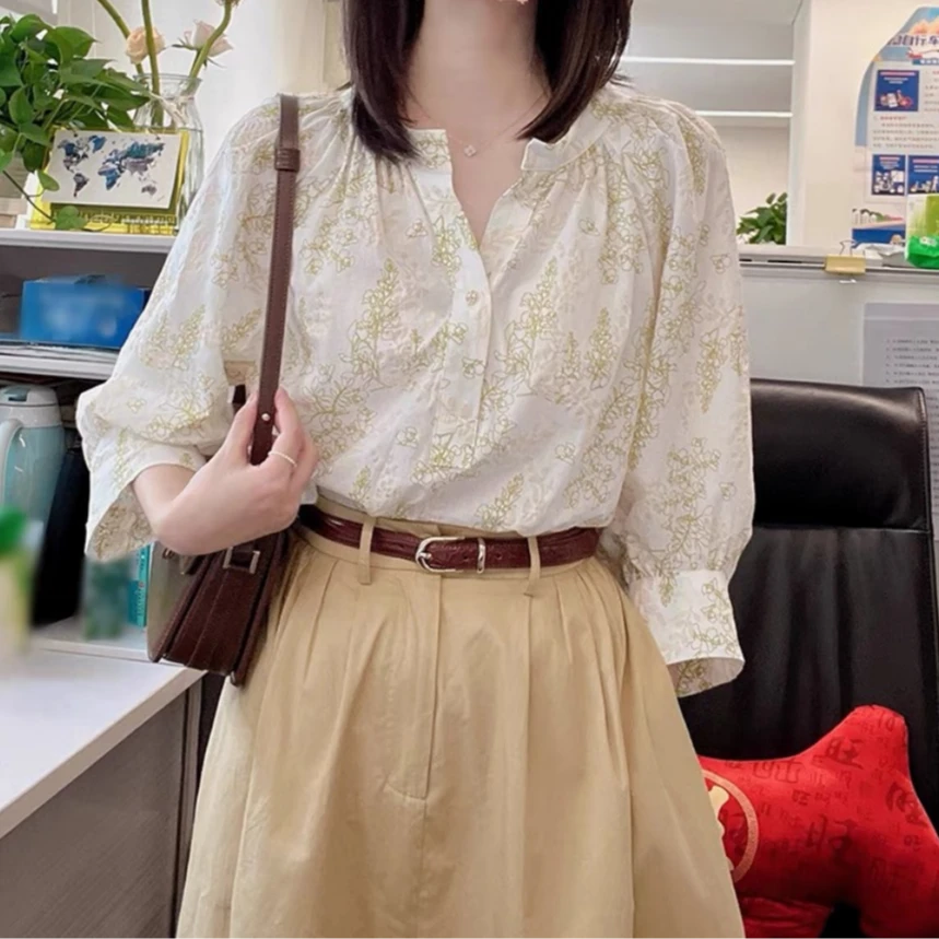 9530法式复古印花衬衫夏季2025年新款松弛感七分袖上衣高级感小众