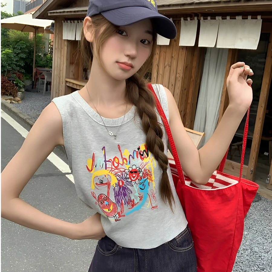 卡通涂鸦针织吊带工字背心坎肩女秋外穿2025新款修身短款无袖上衣