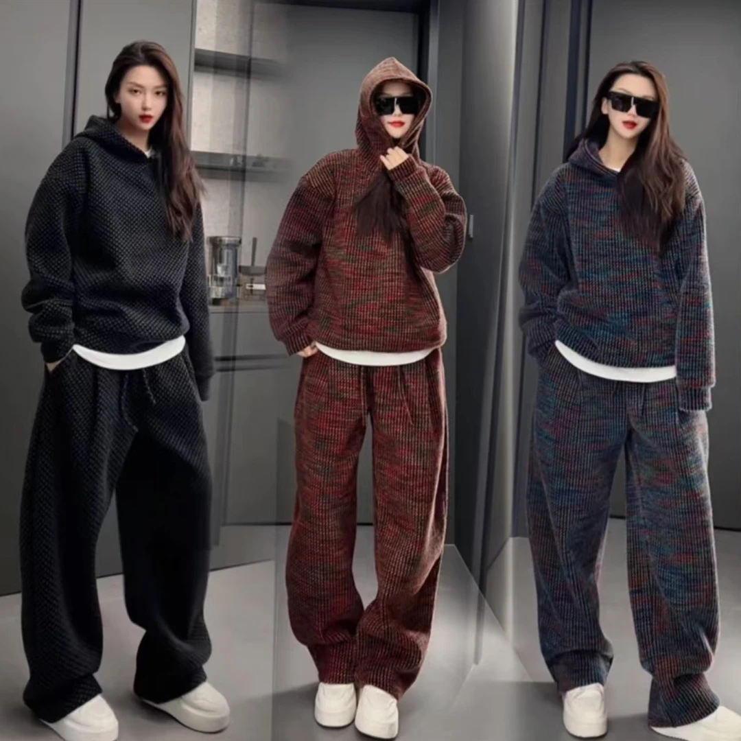 冬季新款重磅马海毛休闲加绒套装情侣款宽松连帽卫衣休闲裤两件套