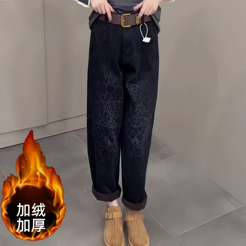 大码加绒韩系气质百搭韩系直筒裤冬季豹纹高腰显瘦九分时尚牛仔裤