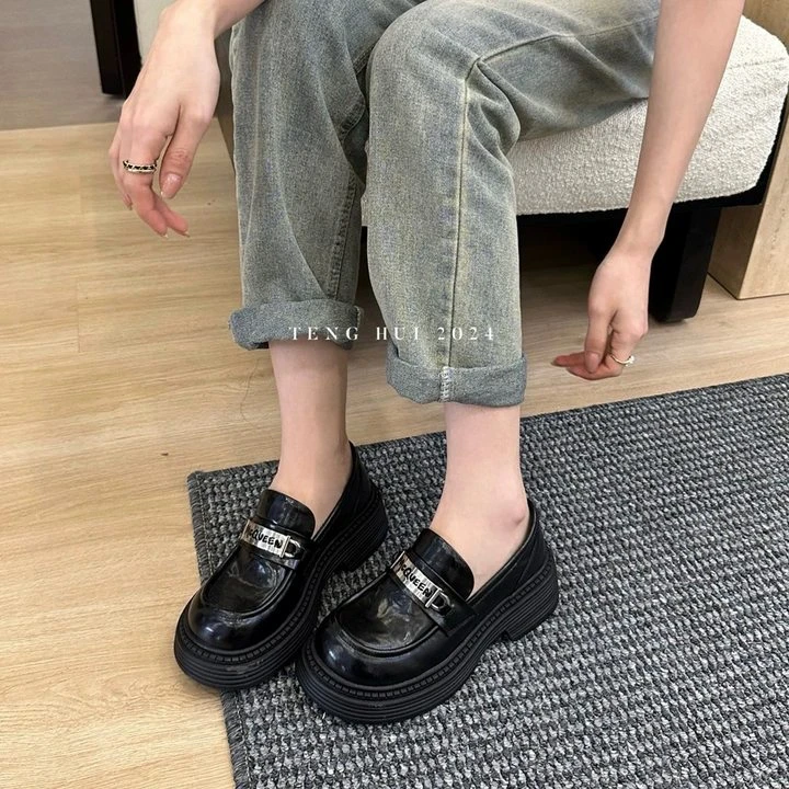（洋弟）乐福鞋 999-203时尚休闲百搭黑色真皮复古厚底英伦风