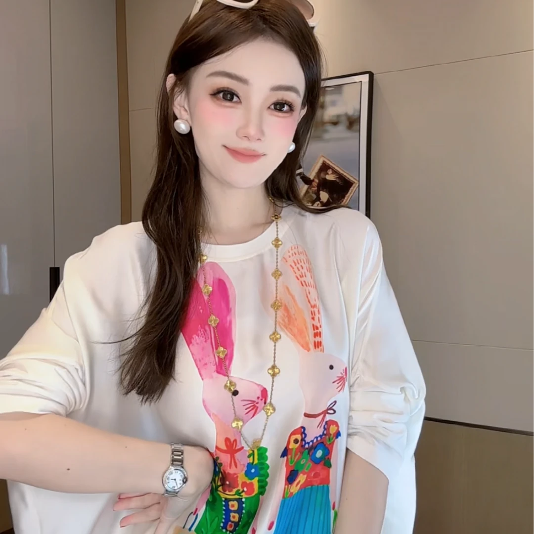 【丝芙玉禄】（H23）真丝双乔白色兔子图案长袖桑蚕丝上衣