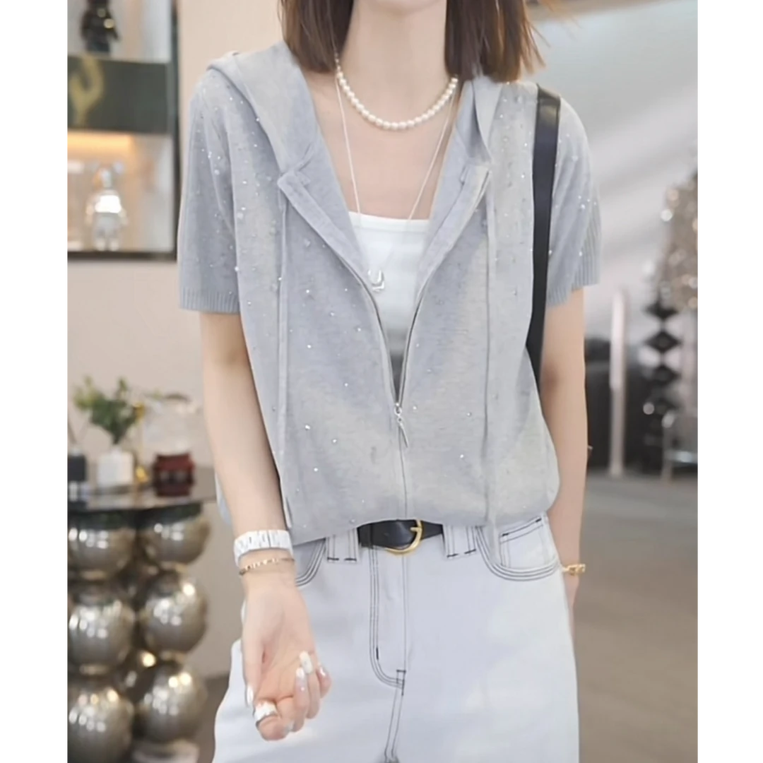 2025春夏新款时尚简约休闲重工针织帽衫小众设计感拉链百搭上衣女