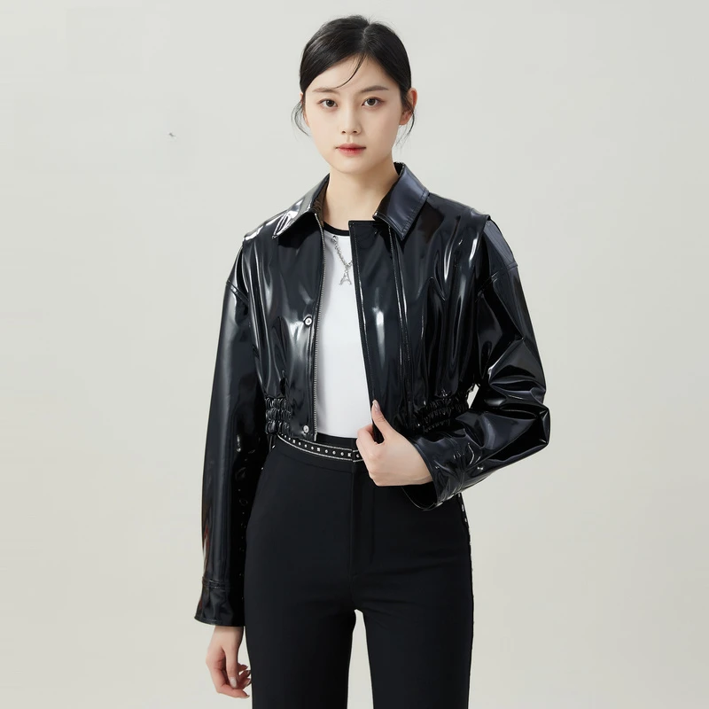 阿玛施AMASS潮酷飞行员长袖休闲百搭PU皮夹克短款外套女5400625-3