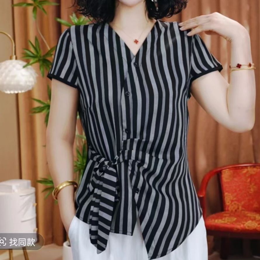 夏季新款休闲洋气短袖气质百搭V领显瘦开衫扣上衣小衫