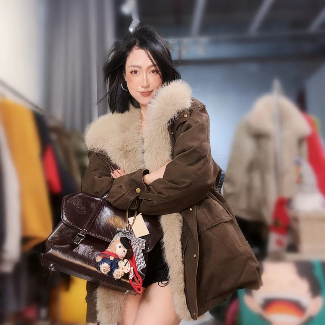 奇奇家 可拆洗毛领 羽绒加厚可收腰中长款款大衣宽松时尚