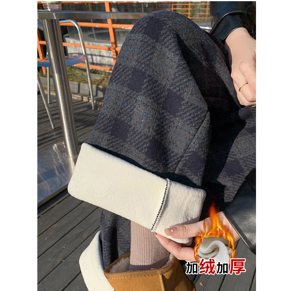 加绒加厚毛呢格子裤女冬季新款宽松高腰显瘦直筒休闲慵懒风阔腿裤