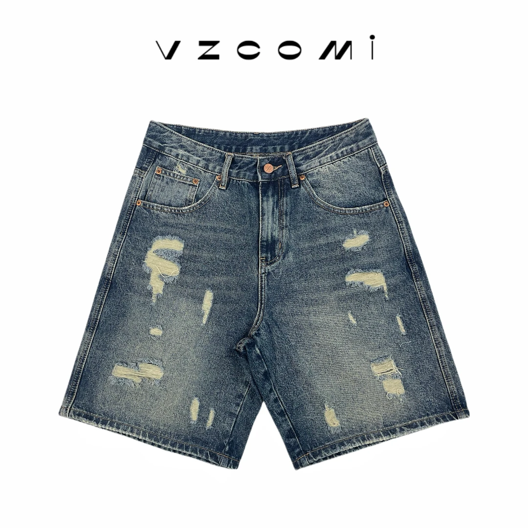 高端巴黎风新款美式牛仔短裤宽松休闲夏季男士牛仔短裤破洞短裤