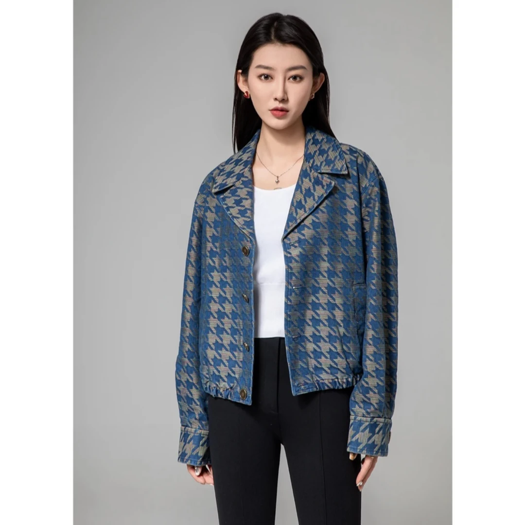 AMASS/阿玛施秋冬时尚休闲翻领复古千鸟格通勤短款外套5400811