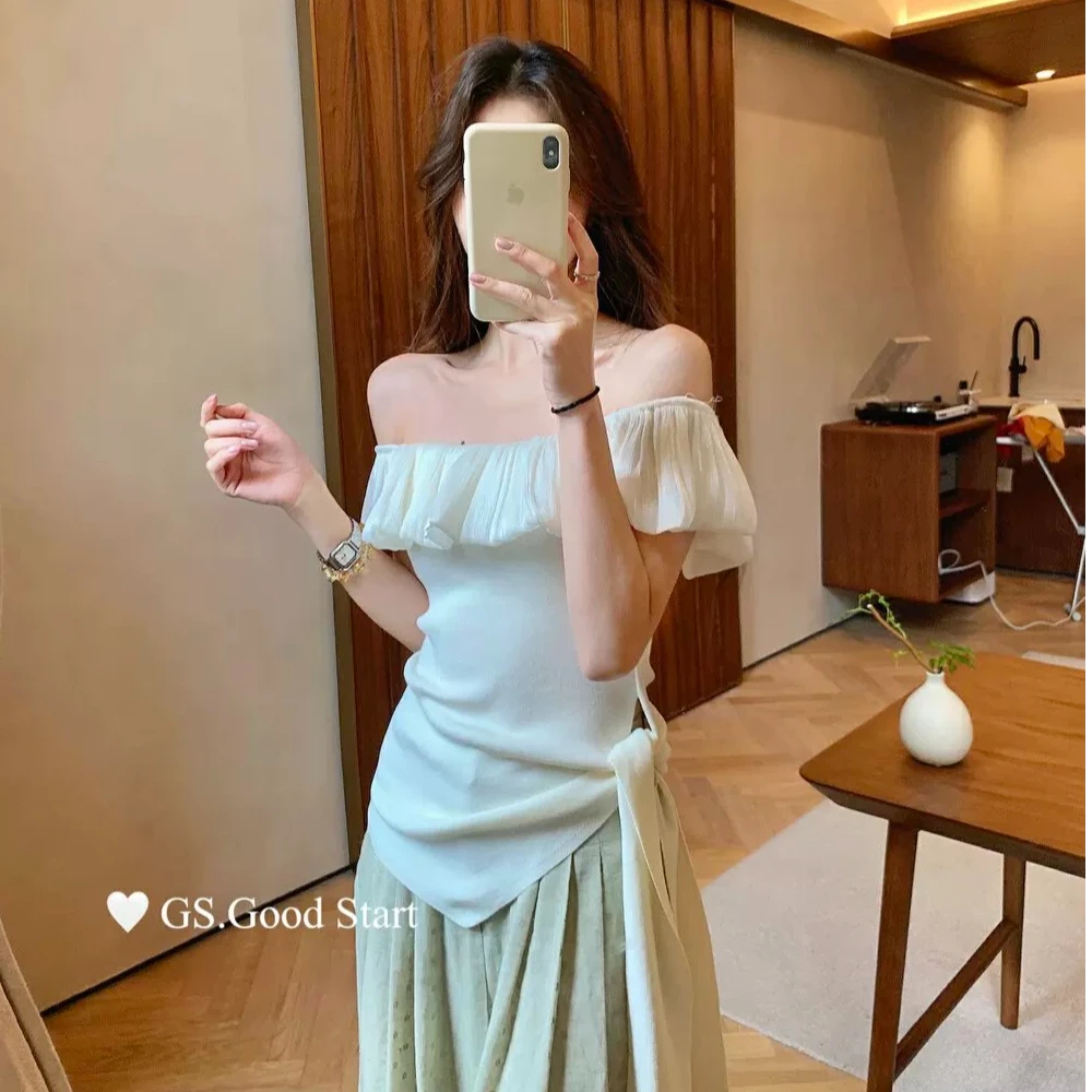 云朵边一字肩针织T恤女夏季2025新款修身显瘦绑带设计感百搭上衣