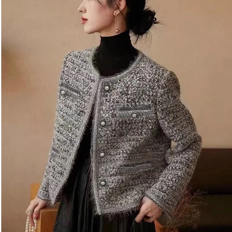 春秋新款浅灰色韩系小香风毛呢外套女年轻款西装名媛贵气上衣