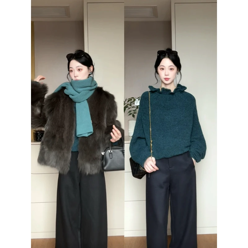 MARIE.COCO新款韩系温柔风针织衫设计感可露肩毛衣搭搭休闲裤套装