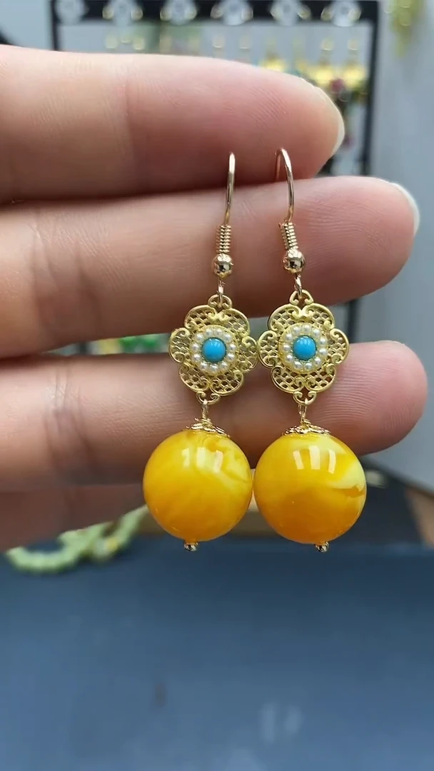 银S925镀金镶嵌蜜蜡耳饰尺寸14mmQ2