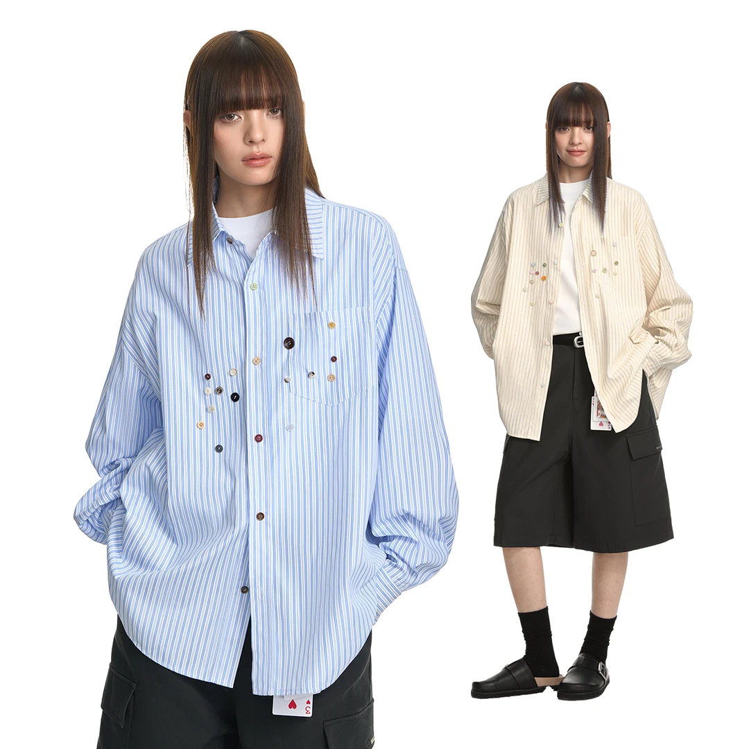 TGNS多色竖条纹纽扣装饰衬衫男女春季欧若智性风宽松休闲衬衣外套