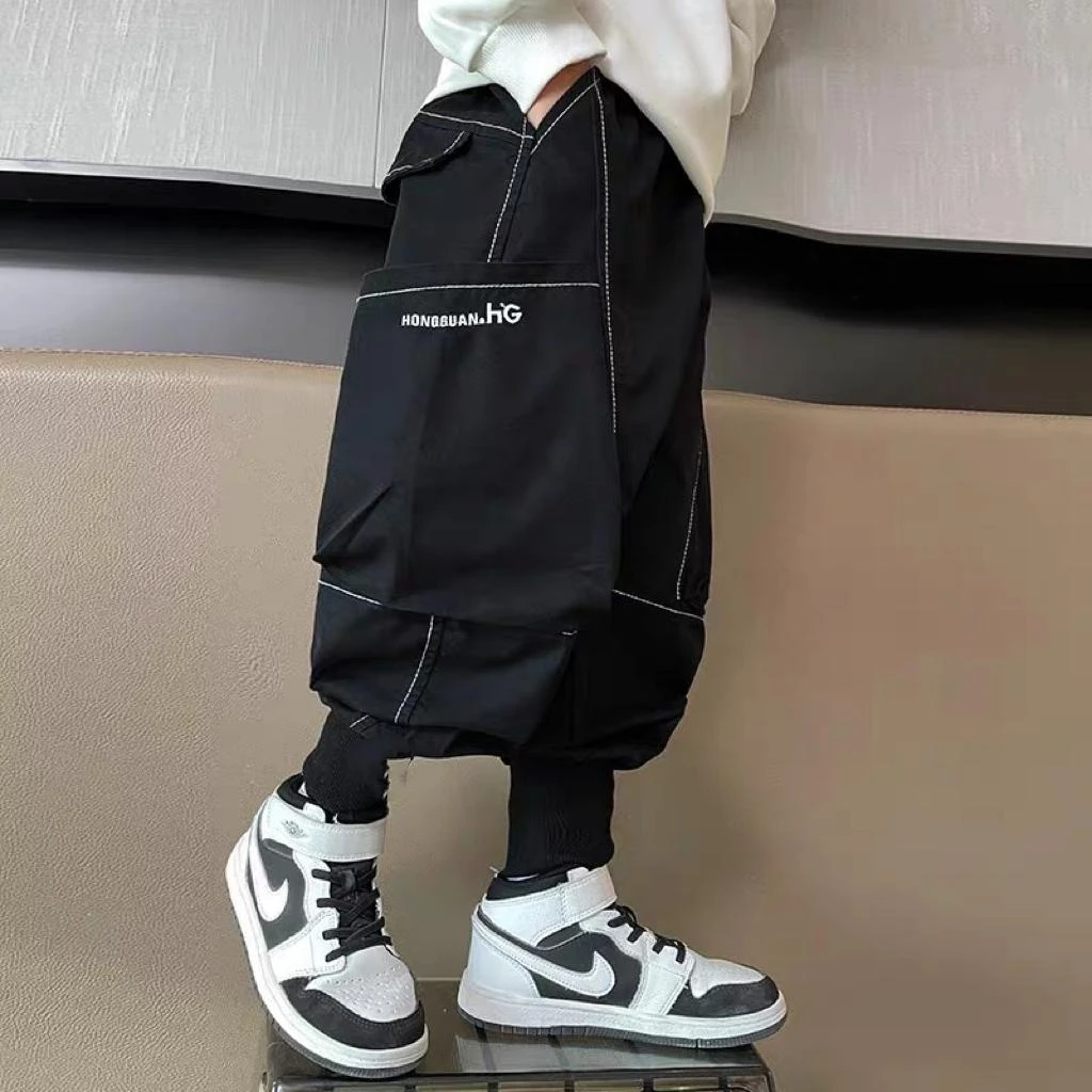 中大童儿童春季新款潮酷明线大口袋束脚工装裤2024