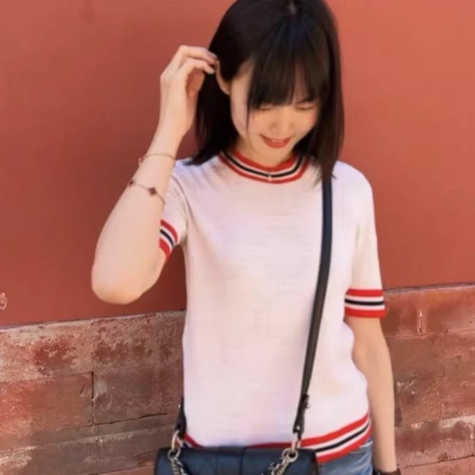 99新 GUCCI/古驰 H13530 古驰 拼色双G满印条纹羊毛针织短袖 S