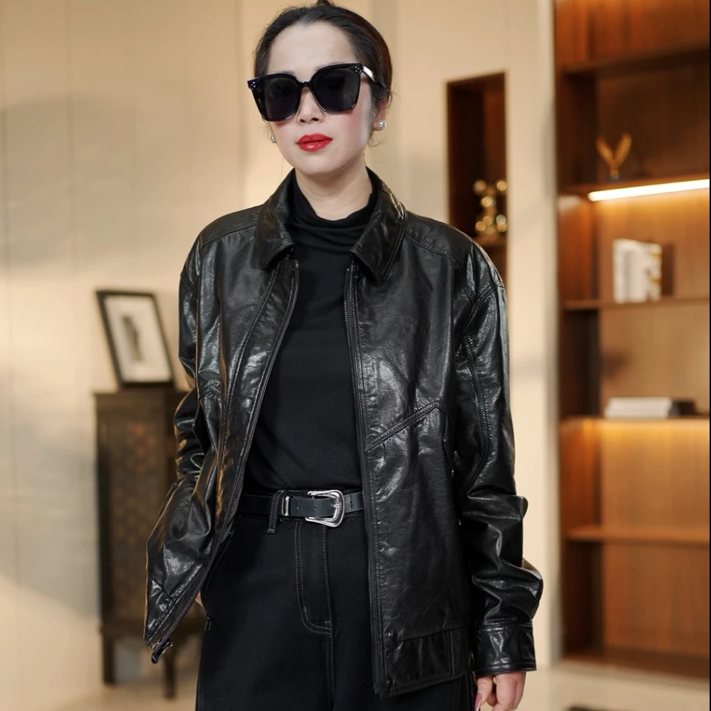 【头层牛皮】油蜡牛皮立翻领头层牛皮真皮夹克外套时尚皮衣男款新款