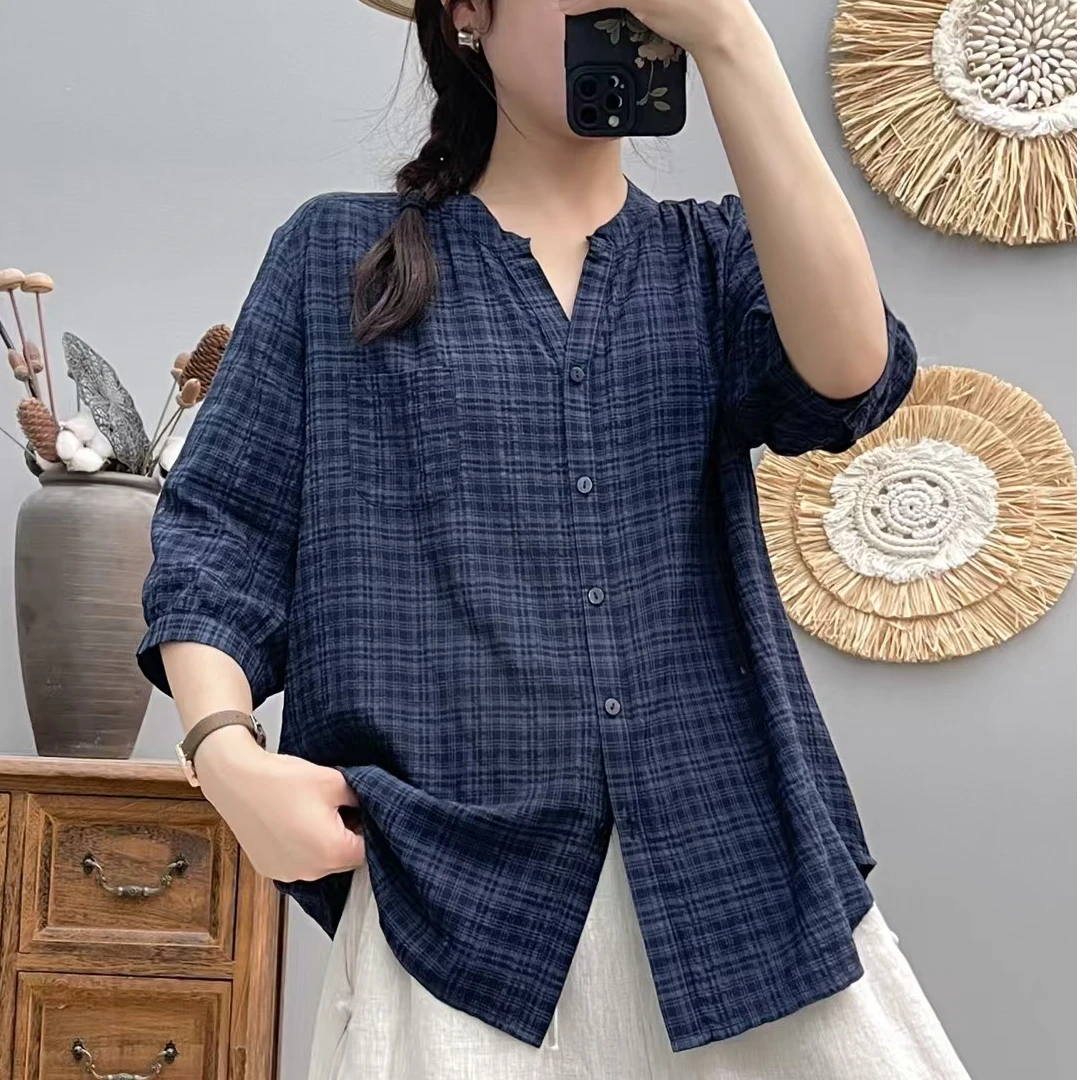 2025夏季新款V领泡泡棉五分袖衬衫休闲百搭上衣女6568