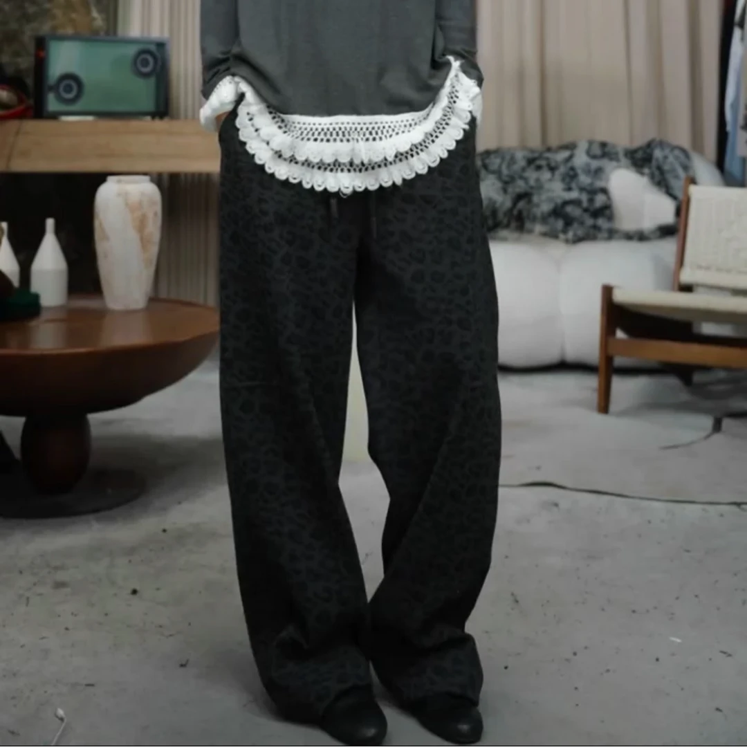 infobyfive2025秋冬新款加绒松紧腰抽绳豹纹长裤贰NF0512018