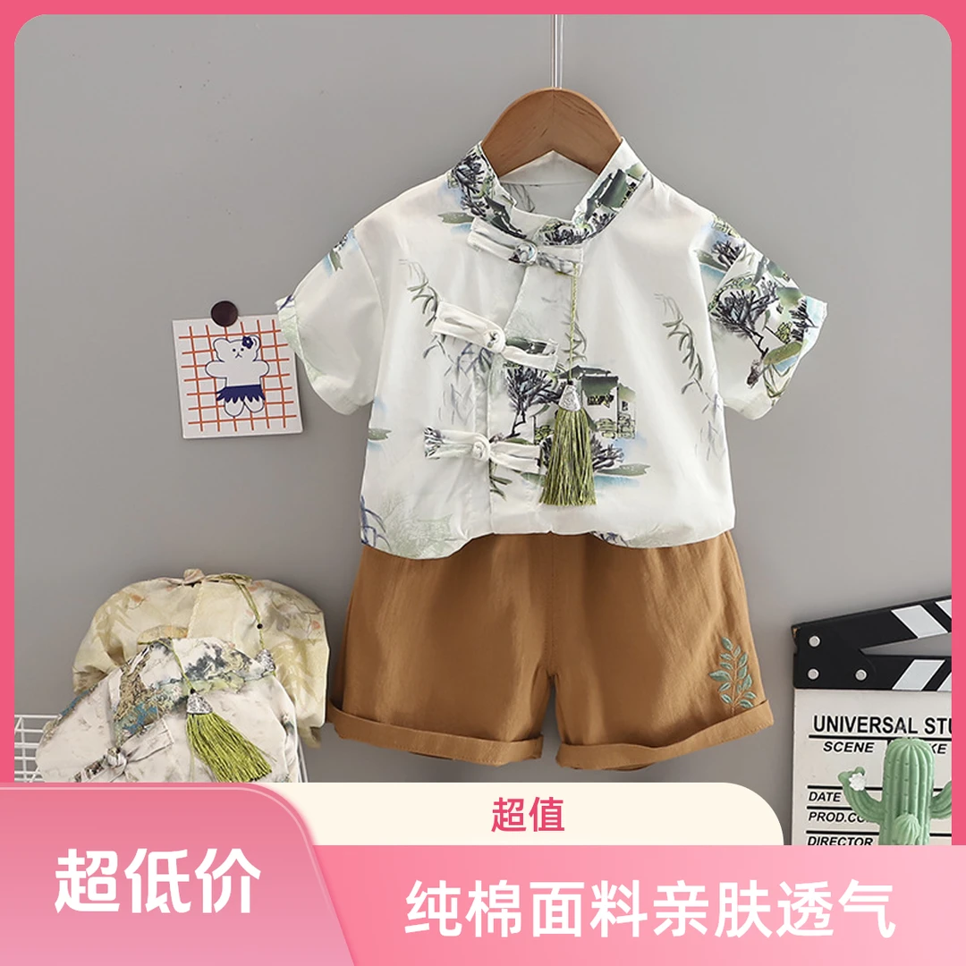 儿童夏季童装新款男女童中式复古风短袖套装0-4岁宝宝短裤两件套