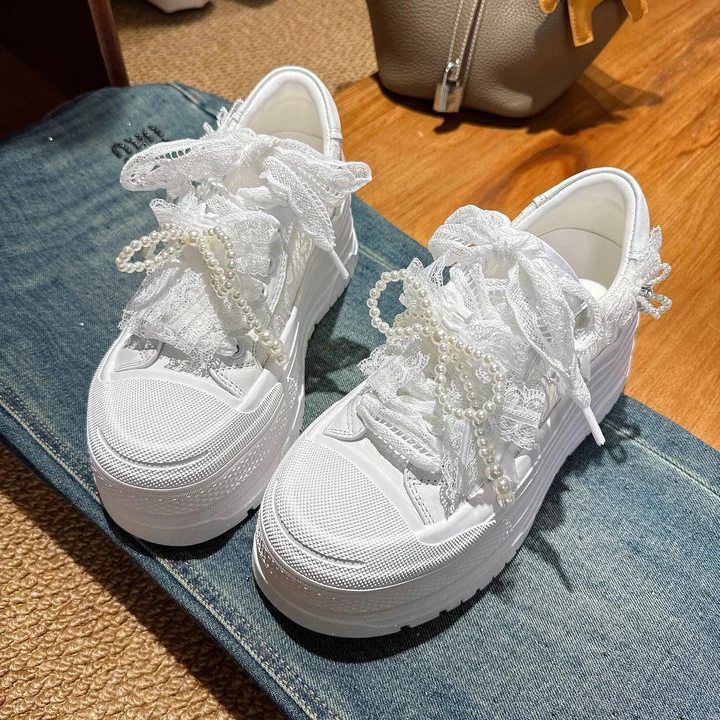 欧货女鞋2025夏季厚底增高小个子网面透气松糕底蕾丝小白鞋休闲鞋