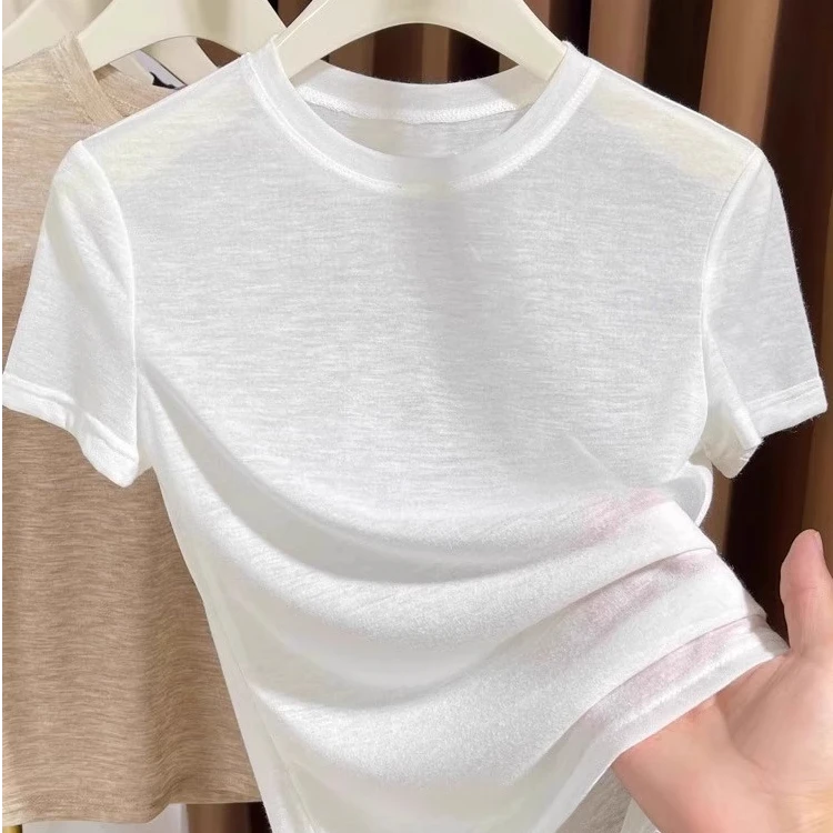 小圆领白色轻薄t恤女短袖2025新款凉感微透内搭打底薄款白色上衣