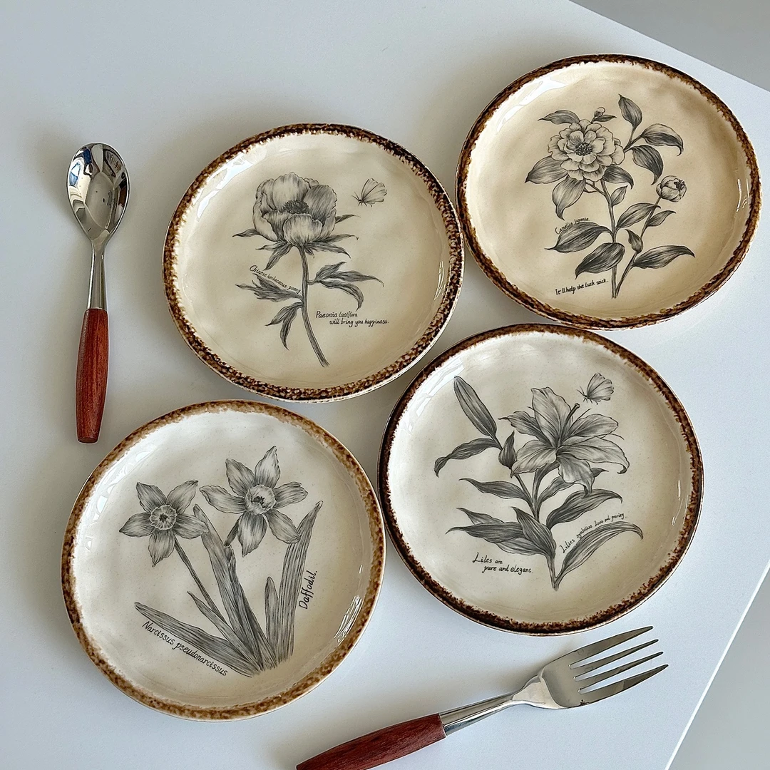 复古花卉6寸陶瓷盘套装防烫家用餐具组合碗碟礼盒装新家乔迁礼