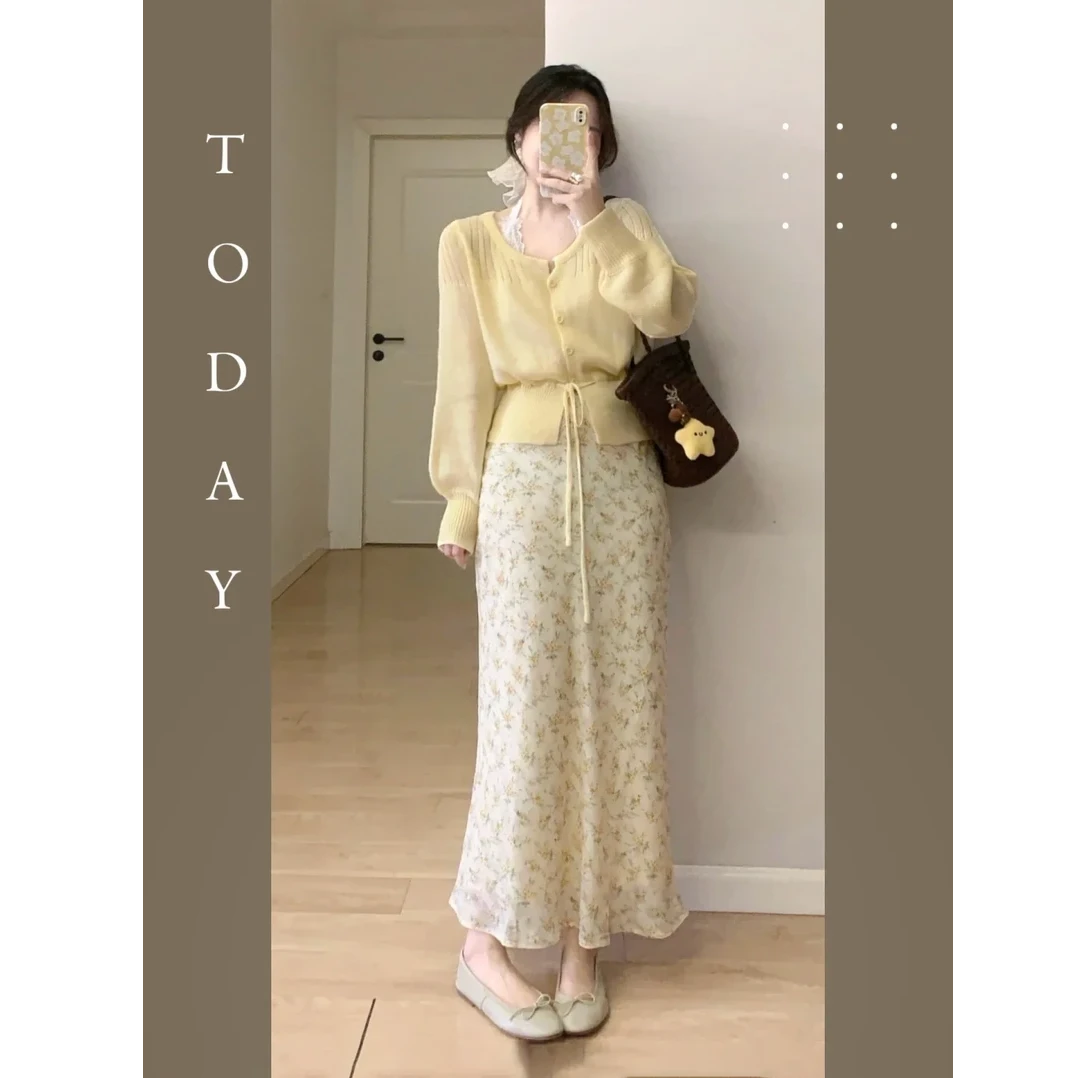 韩系温柔风奶黄色抽绳圆领薄款针织开衫早春穿搭碎花半身裙套装女