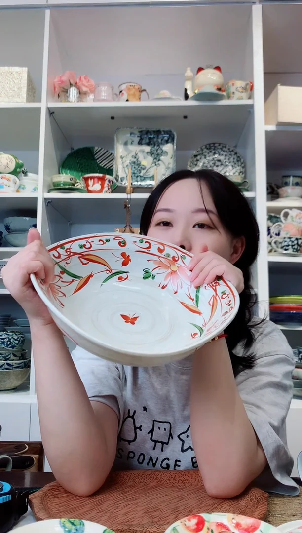 陶瓷【孤品】bloom手绘赤绘花蝶三足大钵24.5cm