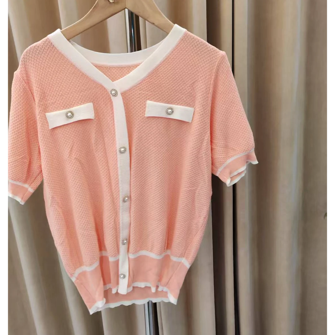 夏季新款新中式小香风v领简约针织衫短袖显瘦宽通勤松针织衫Q1319