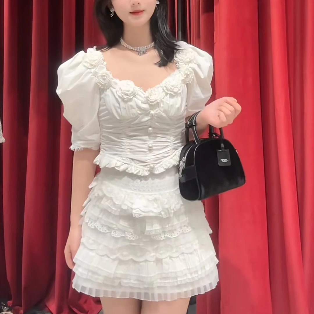 YOYO高定吴宣仪同款白色甜心蕾丝刺绣层层蛋糕半裙