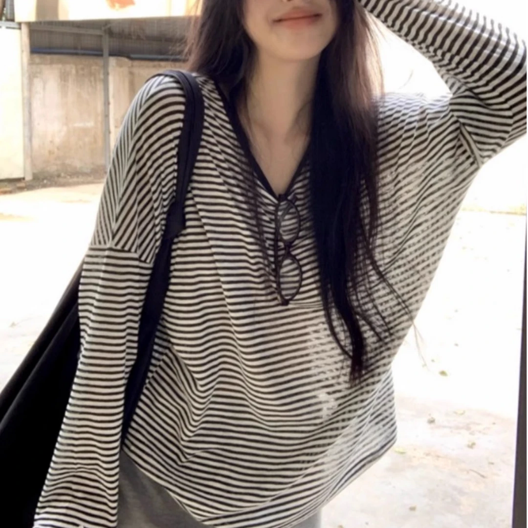 韩系慵懒薄款竹节棉条纹防晒长袖T恤女春季胖mm露背外搭罩衫上衣