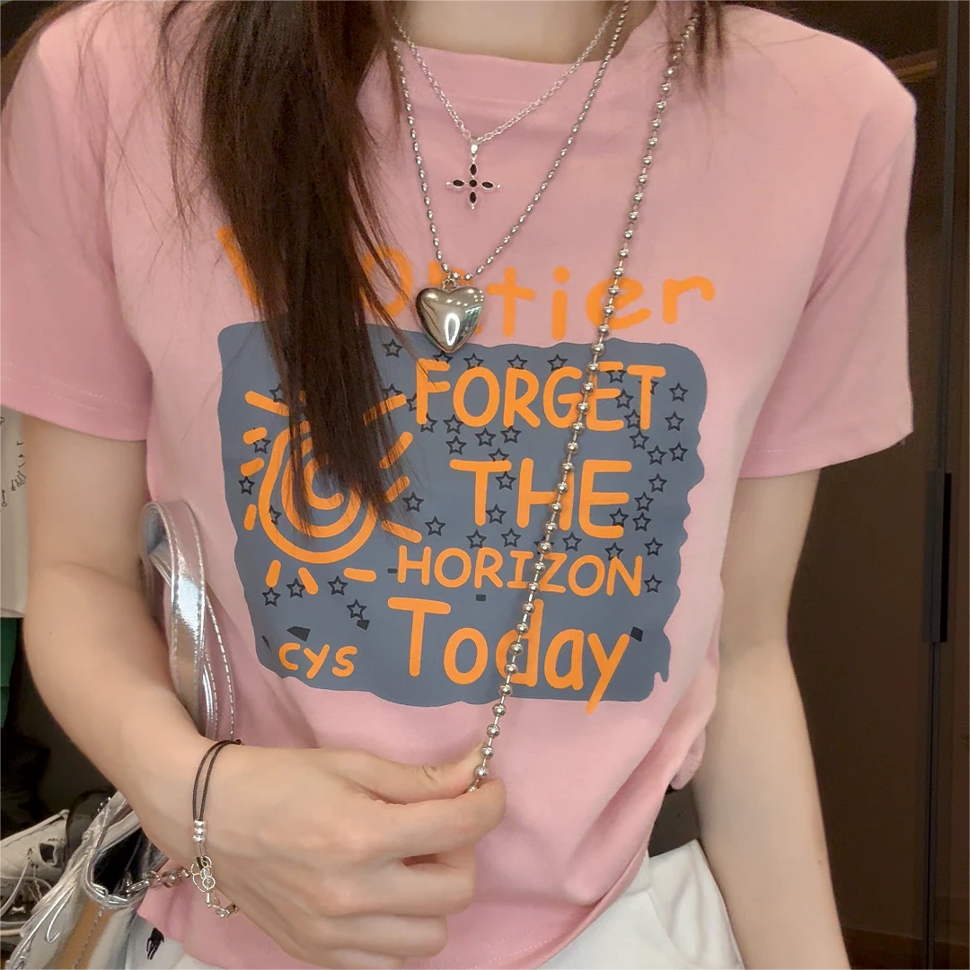 字母印花正肩短袖显瘦夏季百搭小众女生韩系ins甜美可爱风格T恤