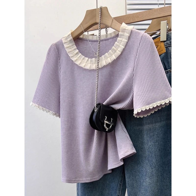 休闲风荷叶领正肩短袖T恤女夏大码胖mm蕾丝边小衫冰丝针织衫上衣
