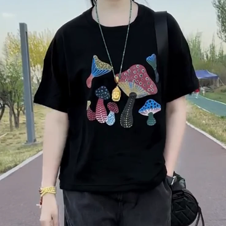 【芊莱】设计师短袖春夏减龄极简风印花拼接百搭韩版潮流圆领字母